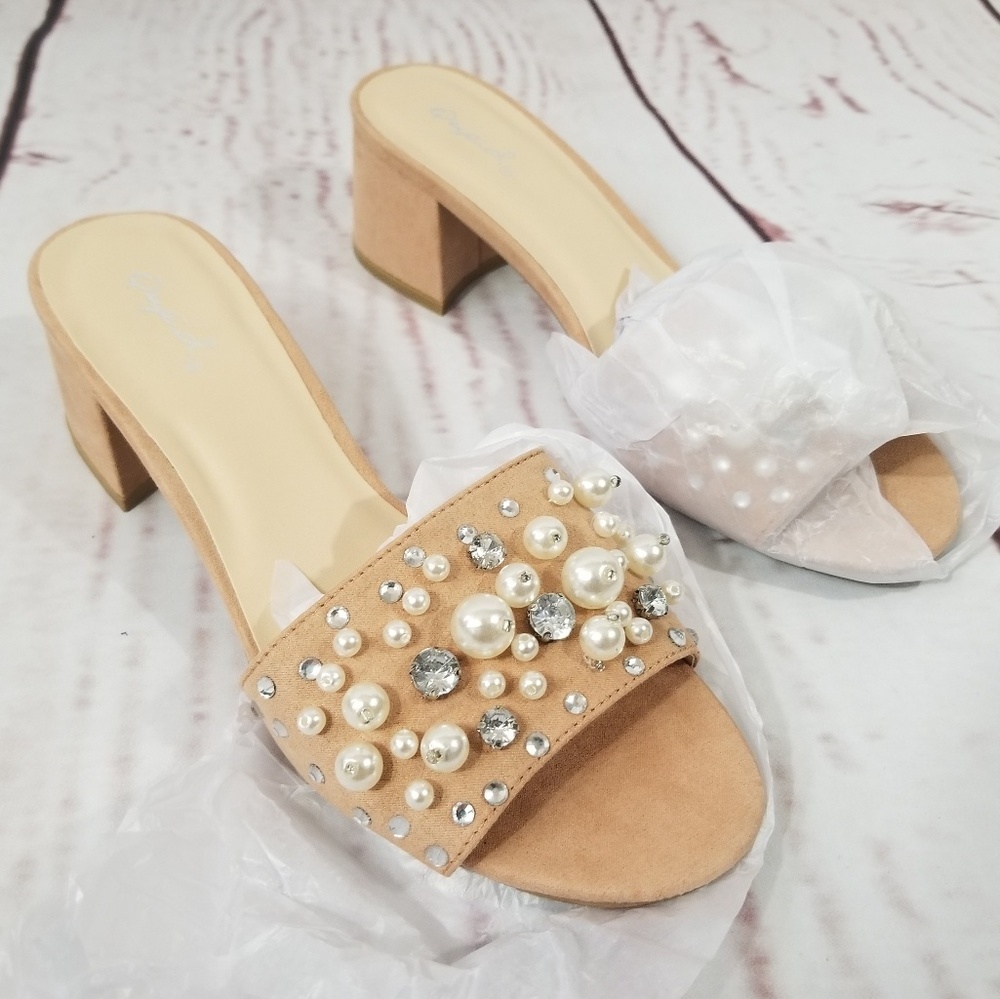 Light Pink Pearl Faux Suede Mules - Picture 3 of 8
